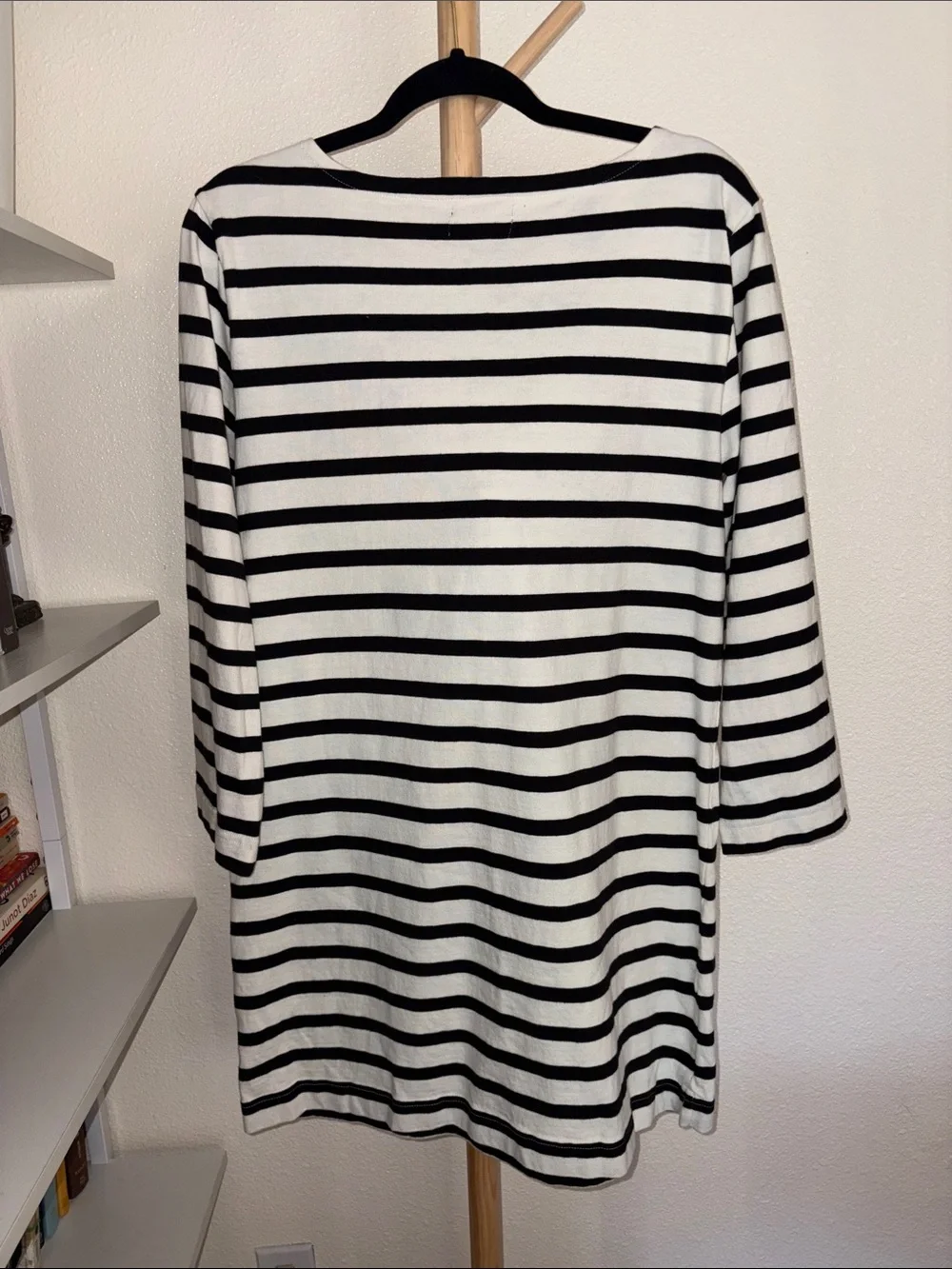 J. Crew 100% Cotton Black and White Boatneck Dress with Gold Buttons